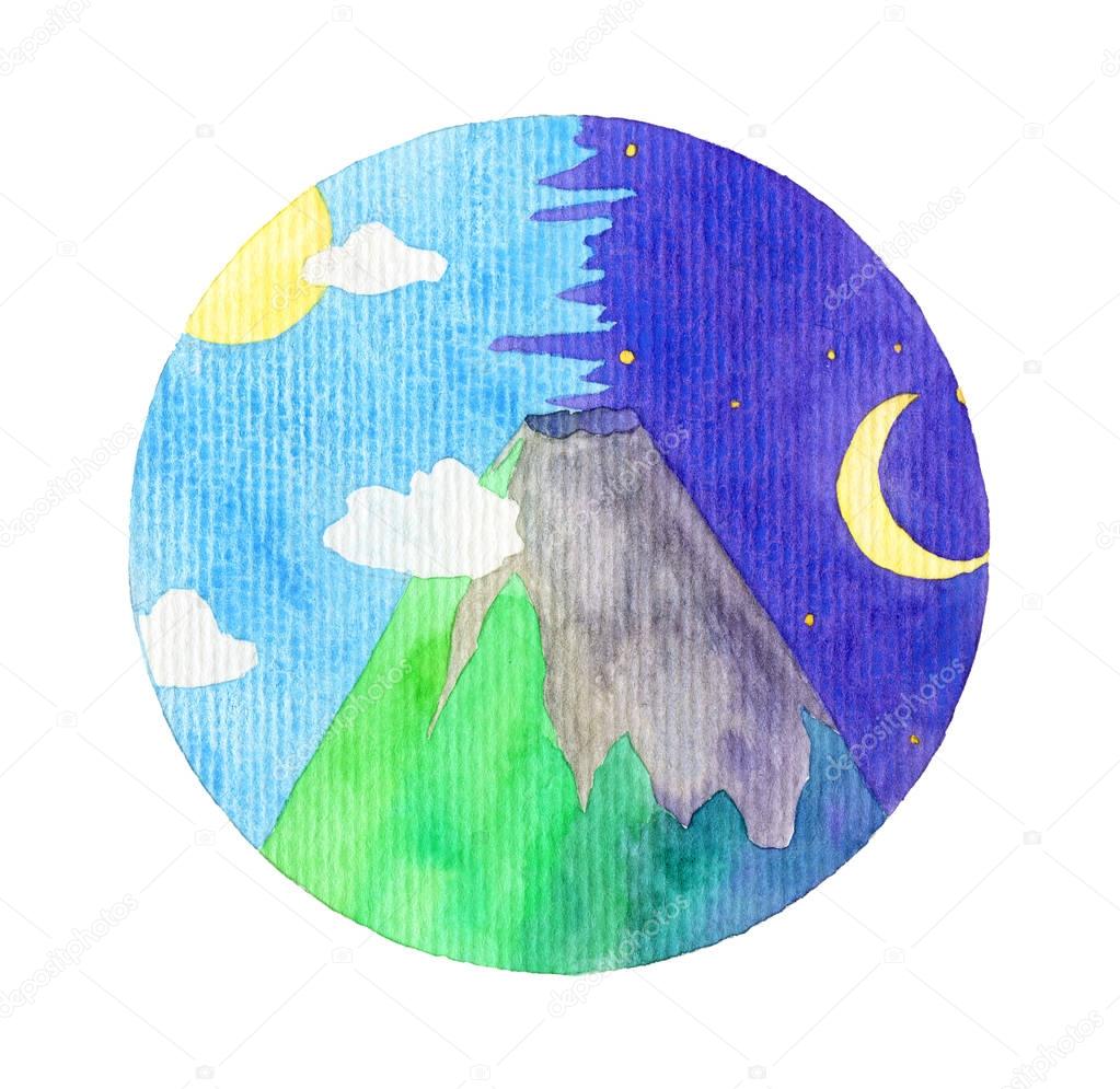 Volcano watercolor illustration, Hand drawn mountain view with day and night in circle isolated on the white background