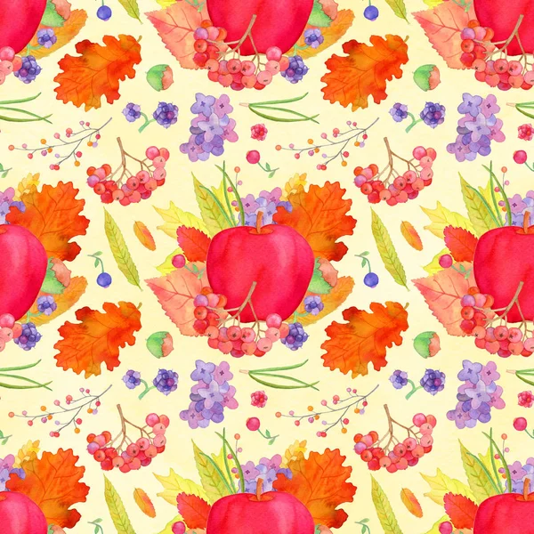 Apple arrangement seamless pattern, fall harvest watercolor Than — Stock Photo, Image