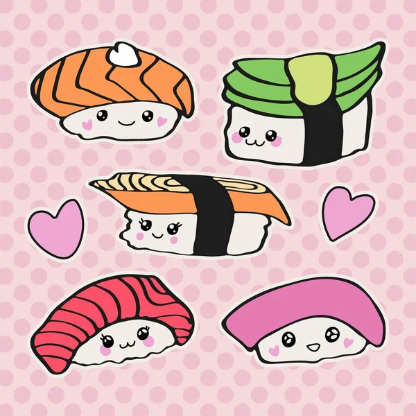 Set Cute Sushi Rolls Icons Kawaii Style Smiling Face Pink Stock Vector ...