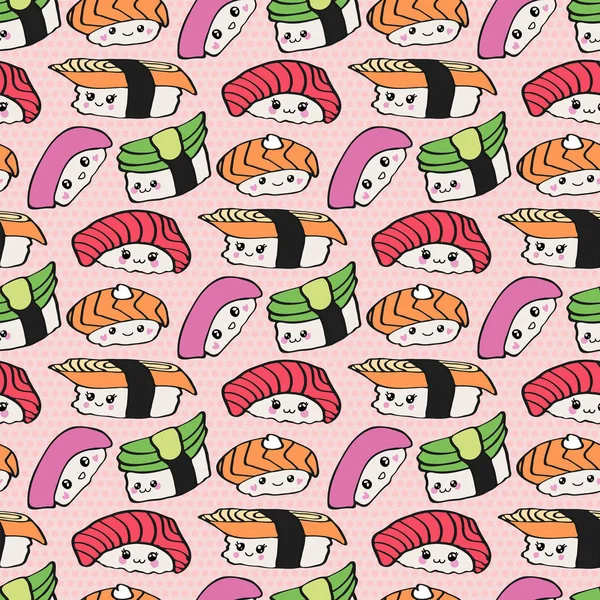 Kawaii sushi vector naadloze patroon, hand getrokken achtergrond met — Stockvector