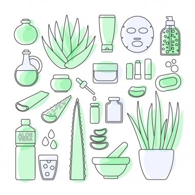 İnce çizgi Icon set - aloe vera bitki ve ürünleri