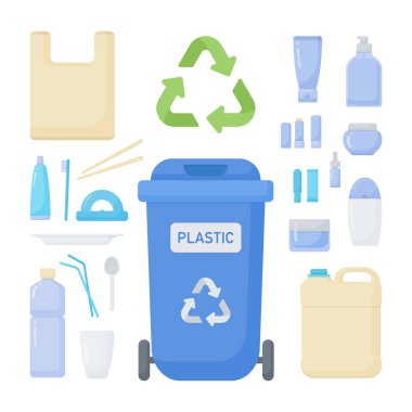 Plastik atık sıralama vektör düz Icon set