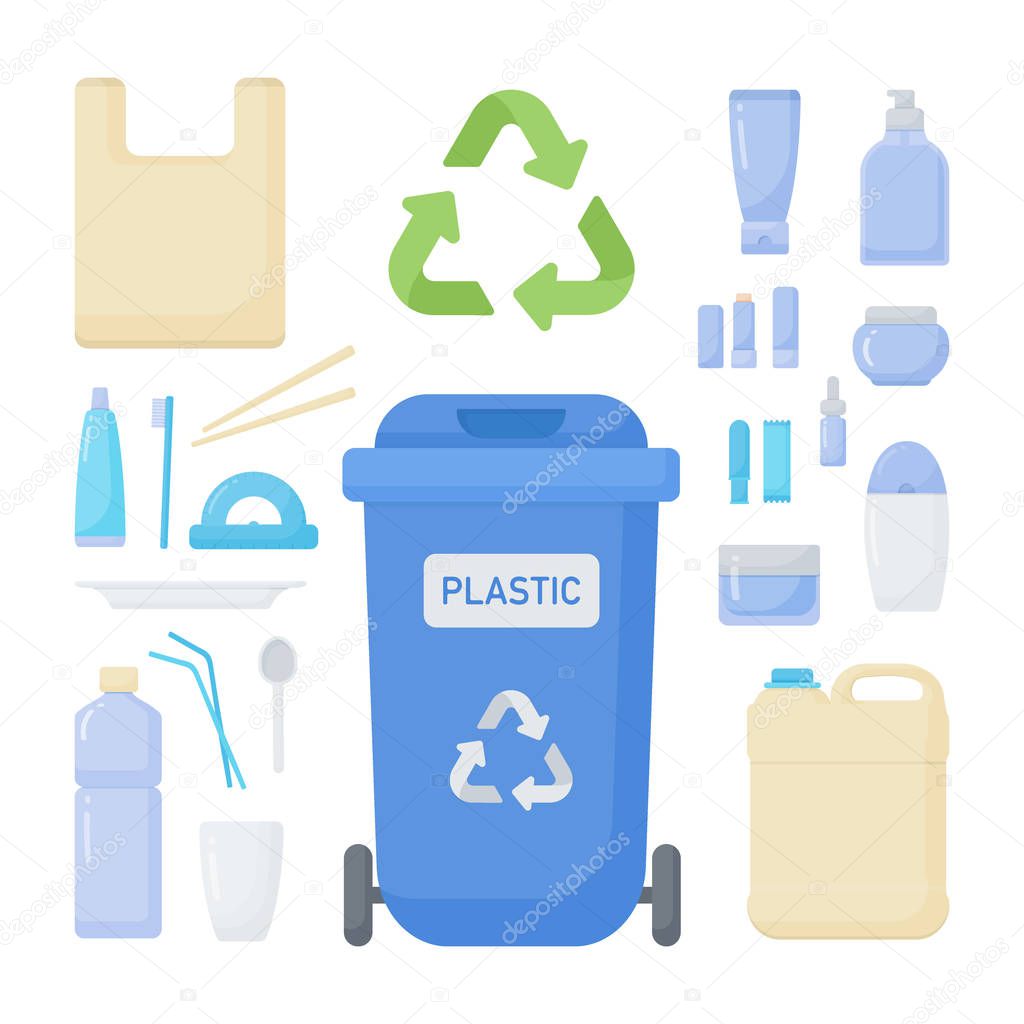 Plastic waste sorting vector flat icon set