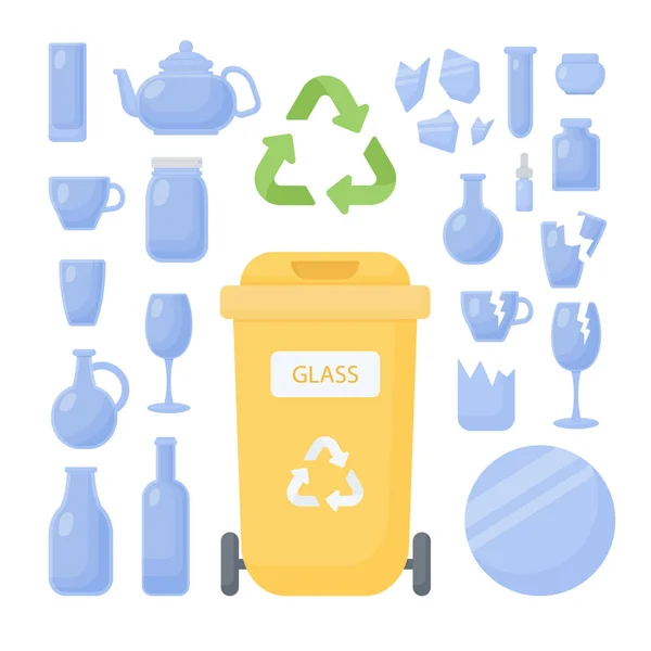 Set di icone piatte vettoriali di selezione dei rifiuti in vetro — Vettoriale Stock