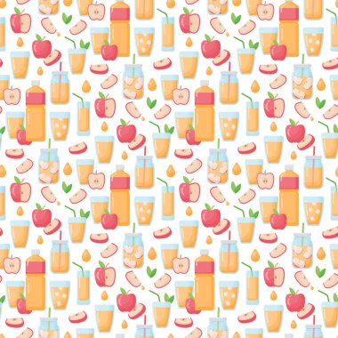 Elma suyu vektör seamless modeli, elma suyu ve elma şişe, cam ve mason kavanoza beyaz arka planda tatlı vektör çizim kağıt veya kumaş tasarım sarma, düz tasarımı