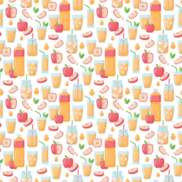 Apple juice vector seamless pattern, Flat design of apple juice and apples in bottle, glass and mason jar on the white background, cute vector illustration, wrapping paper or fabric design