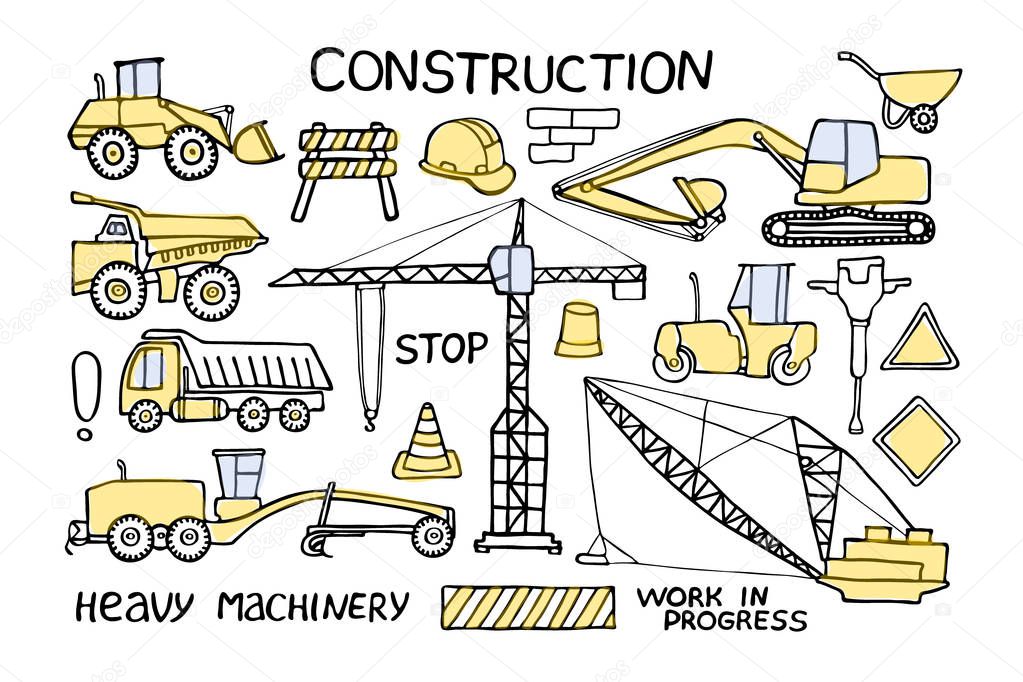 Construction and heavy machinery doodle set. Hand-drawn sketch c
