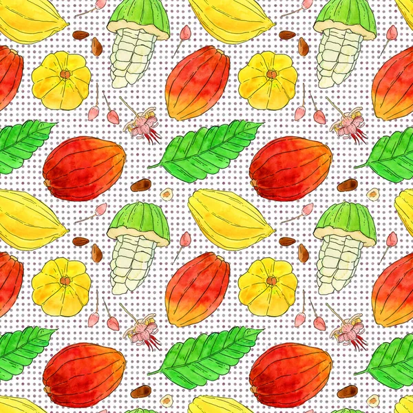 Kakao eller Kakao frukten akvarell sömlösa mönster — Stockfoto