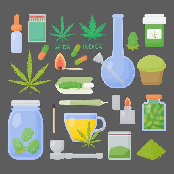 Marijuana or cannabis vector flat icon set — Stock Vector