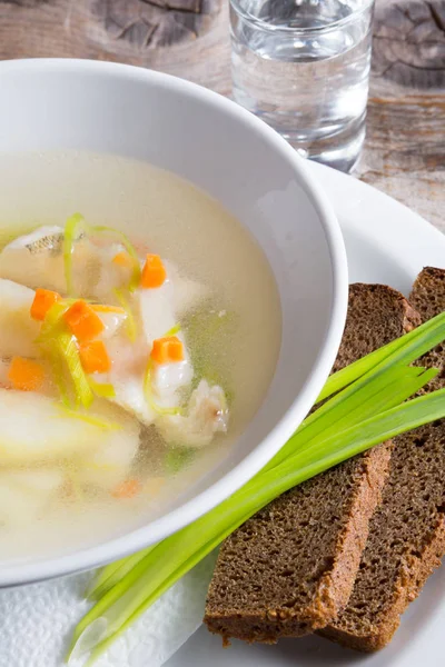 Russische Suppe serviert mit Schwarzbrot — Stockfoto