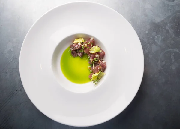 Fresh tartar served on a white plate — Stock Photo, Image