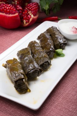 Yoğurt soslu beyaz bir tabakta servis edilen Dolma dürümleri.