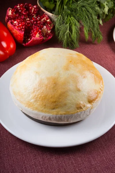 Rustic Soup Pot Covered Baked Bread — Stock Photo, Image