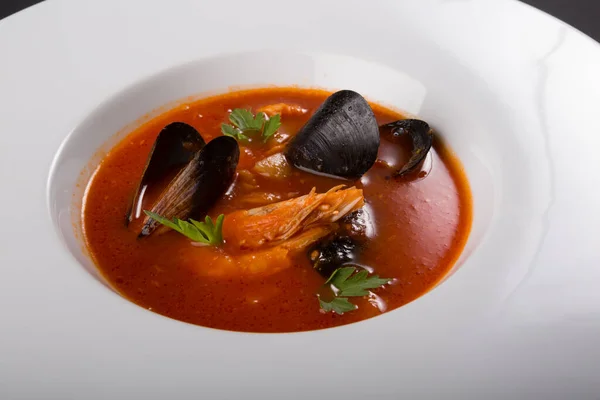 Soupe Fruits Mer Épicée Rouge Aux Crevettes Aux Moules — Photo