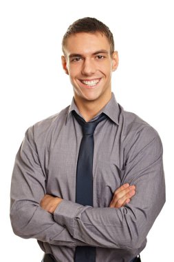 Gri takım elbiseli genç işadamı