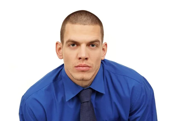 Portrait Young Man Blue Shirt Tie Front View White Backgound — Stock Photo, Image