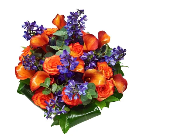 Beautiful Bouquet Orange Rose Kalas White Background Right You Can Stockafbeelding