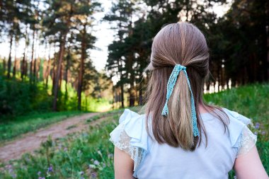 Saçında mavi dantelli örgü olan sarışın kadının kafa ve omuz arkası görüntüsü. Orman yoluna bakıyor. Seçenek kavramı. Yakın çekim görüntüsü. Seçim kavramı