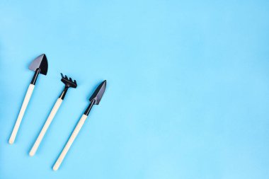 Gerçek araçlar, enstrümanlar, aletler ve çiftlik aletleri ya da ev aletleri mavi arka planda. Üst Manzara. Metin için boşluk.