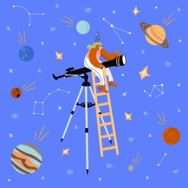 Astronomi günü vektörü düz renkli konsept. Yıldızlı, gezegenli ve takımyıldızlı bir gökyüzü. Teleskopta çizgi film kızı. Gökevi konsepti.
