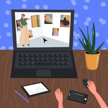 Müzeye sanal bir gezi. Sanat galerisine online ziyaret. Çağdaş sanat galerisi. Yalnızlık için ev hobisi. Dizüstü bilgisayarında sergi izleyen bir adamla vektör düz çizim..