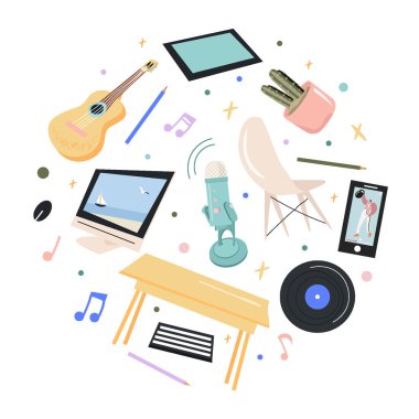 Podcast stüdyosu için düz vektör çizimi. Podcastlar, röportajlar, müzik stüdyosu için kabine unsurları yuvarlak konsepti.