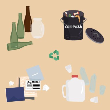 Geri dönüşümlü materyaller ve geri dönüşüm ikonu. Atıkların kesirlere ayrılması: kağıt, plastik ve gübre.