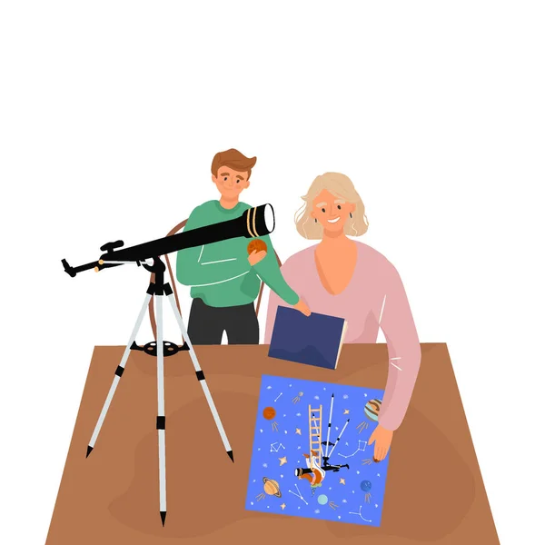 Mom Son Studying Astronomy Telescope — Stock Vector