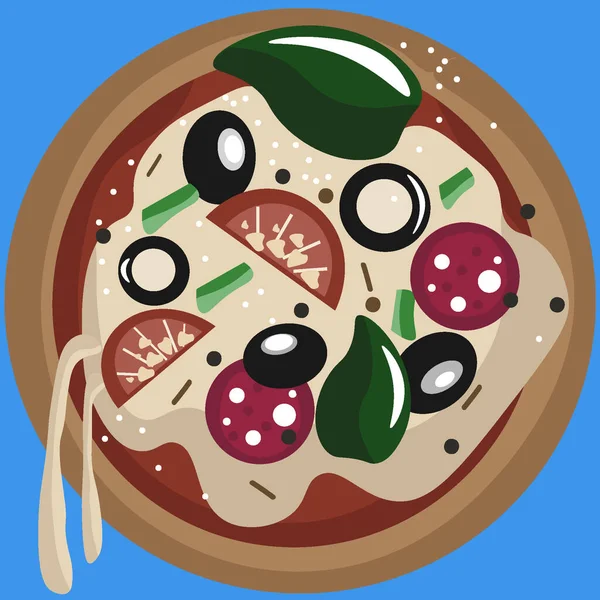 Illustration Pizza Basil Olives — Stock Vector