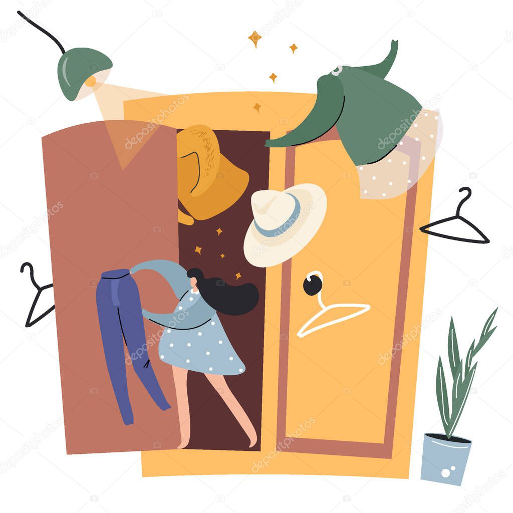 Cute flat vector illustration with a girl and a wardrobe about spring clutter