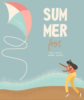 Kız ve uçurtmalı şirin bir yaz vektörü posteri.