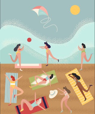 İnsanlarla dolu parlak yaz vektör plajı