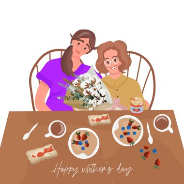 Anneler Günün kutlu olsun. Annem için şirin bir düz vektör çizimi. Yetişkin bir kız ve anne birlikte kahvaltı edip Anneler Günü 'nü kutluyor. Annem için buket..