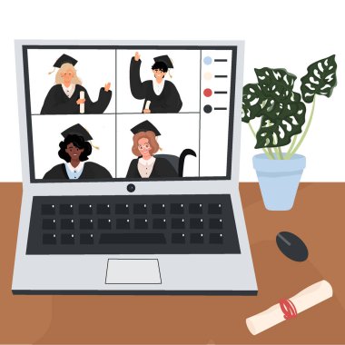 Online mezuniyet. Video vasıtasıyla iletişim kuran mezunlar için güzel bir vektör düz çizim. Karantina 'dan mezun..