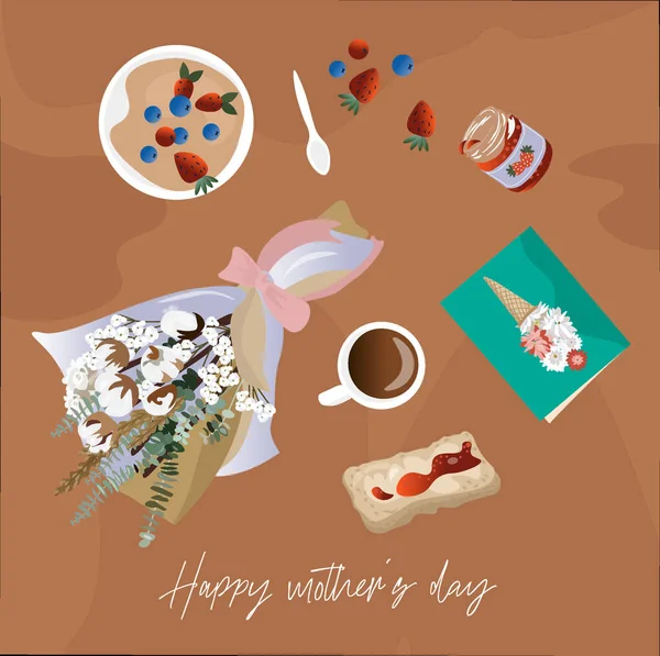幸せな母親の日 お母さんのためのグラデーションとかわいいベクトルフラットイラスト 母の日のお祝いの朝食 母のための挨拶カードと花 — ストックベクタ