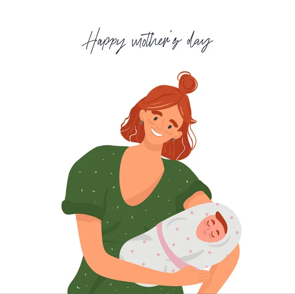 幸せな母親の日 お母さんと赤ちゃんとかわいいベクトルフラットイラスト 新生児を持つ幸せな赤い髪の女性 — ストックベクタ