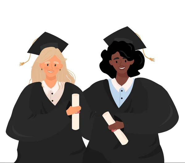 Graduados Diferentes Nacionalidades Retrato Vectorial Plano Chicas Uniforme Graduado Estilo — Vector de stock