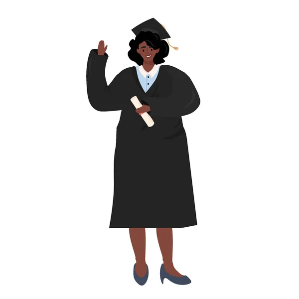 Ilustración Vectorial Plana Una Chica Afroamericana Uniforme Graduado Estilo Dibujos — Vector de stock