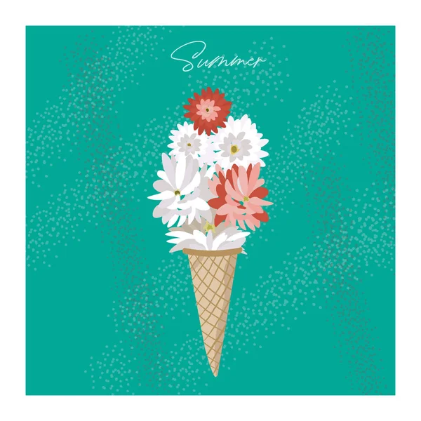 Bonita Ilustración Vector Plano Con Helado Flores Cono Gofre Lleno — Vector de stock