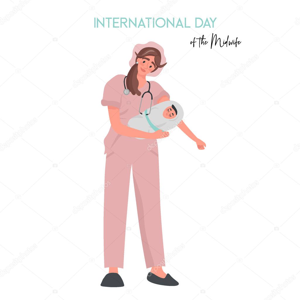 International Day of the Midwife. A midwife in uniform is holding a newborn baby in her arms. Pleasant flat vector illustration with a woman working in a maternity hospital.
