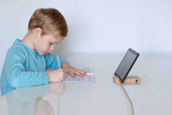 Little Boy Using Tablet Computer Distance Education Does Homework — Stock Photo, Image