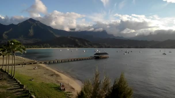 ハナレイベイ カウアイ島 ハワイ島 ハナレイピアや山を背景に4Kドローン映像 — ストック動画