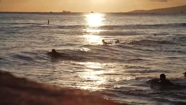 Surfisti Tramonto Nella Spiaggia Waikiki Oahu Hawaii Con Sole Riflesso — Video Stock