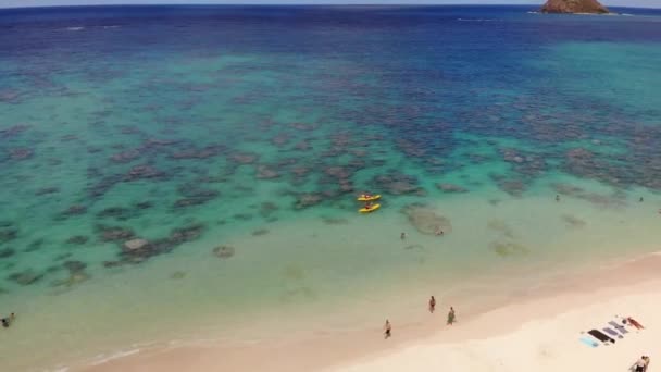 美国夏威夷瓦胡岛Lanikai海滩公园 两个皮划艇在海岸线与海滩和水晶清澈的珊瑚礁一起划艇的4K无人驾驶镜头 低角度 视差运动 — 图库视频影像