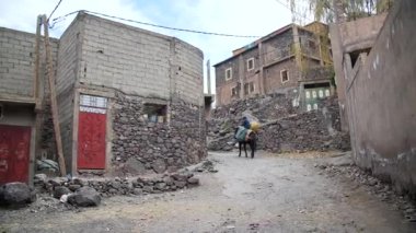 Fas Atlası 'nın küçük bir köyünde eşek sırtında eşya taşıyan bir adam. Orta açı, takip eden hareket, yavaş çekim, HD.