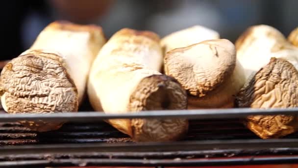 台北市の士林夜市で調理されている間にキノコを焼きます 台湾のストリートフード ミッドアングル スローモーション — ストック動画