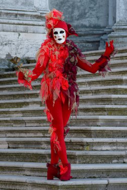 Geleneksel Venedik Karnavalı 'nda (Carnevale di Venezia) geleneksel maskeli ve kostümlü Reveller. Venedik, Veneto, İtalya, Avrupa