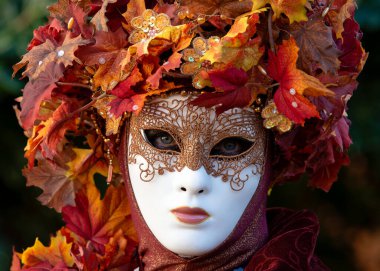 Geleneksel Venedik Karnavalı 'nda (Carnevale di Venezia) geleneksel maskeli ve kostümlü Reveller. Venedik, Veneto, İtalya, Avrupa