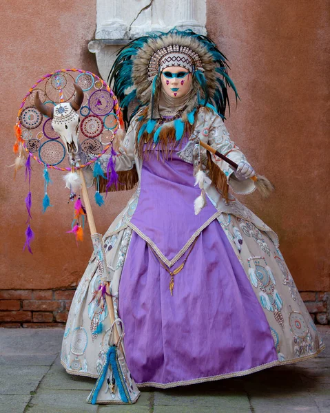 Reveller Traditional Elaborate Mask Costume Annual Venice Carnival Carnevale Venezia — 스톡 사진