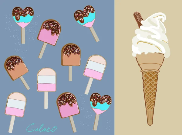 Set Înghețată Colorată Gustoasă Într Con Vafe Popsicle Băț Diferite — Vector de stoc